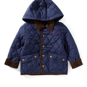 Polo by Ralph Lauren Quilted Navy Hooded Puffer with Brown Trim